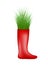 Grass growing from red rubber boot