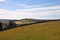 Grass hillside meadow bordered by a stone wall with yorkshire dales countryside fields and farmhouses against a blue sunlit summ