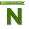 Grass letter N, alphabet 3D design. Capital letter text. Green font isolated white background, shadow. Symbol eco nature