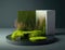 Grass moss and paint blending into a picturesque water stream of fire. Podium, empty showcase for packaging product