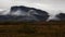 Grass, plants and bushes in the front. Rocky mountain with fog i