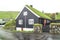 Grass roof on black wooden house Faroe Islands, Faroes, Danmark