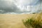 Grass and sand dunes with dutch clouds en sky dutchlight sun