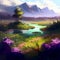 Grasslands Landscape Purple Flowers Green Grass Mountains Blue Sky Roleplaying RPG Environment DND Generative AI