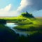 Grasslands Landscape Windswept Green Grass River Water Blue Sky Roleplaying RPG Environment DND Generative AI