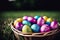 A grassy field cradles a brimming basket of Easter eggs, each one a burst of vibrant color.