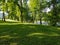 Grassy knoll with trees and river in background