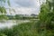 Grassy lakeside with ancient battlemented town in background on