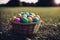 A grassy meadow is adorned with a brimming basket of Easter eggs, each one a burst of vibrant color.