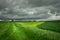 A grassy road through green fields and a dark cloudy sky