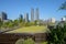 Grassy roof of building at park in modern city