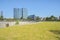 Grassy roof of underground Jiaozi museum in sunny summer morning