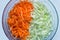 Grated carrot and cabbage. Concept- vegetarianism, raw food, recipe.