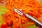 Grated and cut bunch of fresh carrots with stainless steel vegetable peeler