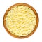 Grated pizza cheese, shredded semi-hard cheese, in a wooden bowl