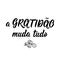 Gratitude changes everything in Portuguese. Ink illustration with hand-drawn lettering