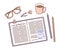 Gratitude journal. Vector illustration. Notepad, pencils and a cup of tea, glasses and a flower. Productive habits