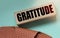 Gratitude word on wooden block and leather wallet. Donation charity foundation fundraising business concept