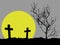 grave, silhouette of two cross and bare dead tree in night cemetery hill with yellow full moon on dark gray background