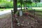 A grave with a white stone headstone surrounded by a brown wooden fence and lush green trees and grass and a log cabin