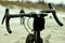 Gravel bike close up , wheel and brakes