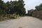 Gravel path in a clearing of an industrial complex that leads to a gate and a group of houses bordered by trees on a cloudy day