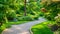 A gravel path winding through a garden surrounded by trees, A gravel path cutting through a peaceful garden