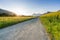 Gravel road parting a rapeseed canola field and a yellow wildflower meadow with the setting sun disappearing behind a beautiful mo