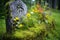 gravestone covered with moss surrounded by wildflowers