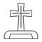 Gravestone thin line icon. Cemetery box with christian cross. Halloween party vector design concept, outline style