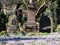 Gravestones in the historic South Ealing Cemetery, Victorian burial ground in west London, with purple crocuses growing in the gro