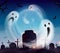 Graveyard ghost realistic halloween scenery landscape composition with scary and funny spooks floating above cemetery vector