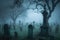 graveyard with misty fog, creating ethereal and spooky atmosphere