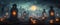 Graveyard in spooky death Forest At Halloween Night banner with full moon and glowing pumpkins.