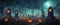 Graveyard in spooky death Forest At Halloween Night banner with full moon and glowing pumpkins.