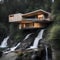 A gravity-defying waterfall house built atop a cascading waterfall, accessible by a hidden bridge