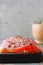Gravlax, scandinavian beet cured spiced salmon on the board, top view, saltedfish