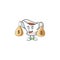 Gravy boat cartoon character with mascot holding money bag.