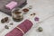 On a gray background are accessories for Spa self-care: body scrub, ground coffee, lavender soap, face mask cream,bath salt ,Terry