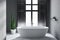 Gray bathroom with tub and window