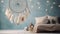 Gray beige dream catcher in bedroom interior on aquamarine textured background. Bedroom decor