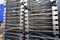 Gray big metal mobile shelving stacked in a warehouse of a construction shopping center. Shelves for placement and storage