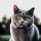 Gray British Shorthair Cat with Yellow Eyes in the Grass