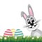 Gray bunny side colorful eggs daisy meadow isolated