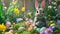 A gray bunny sits in the forest around the flowers. Generated AI