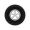 Gray car disk with large black tire. Automobile theme. Flat vector element for promotional poster or banner of tire