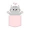 Gray cat, bird in pink pocket. Holding hands up. Give me a hug. Cute cartoon animals. Kitten kitty character. Dash line. Pet anima