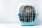 Gray cat in a cage for transportation. Carrying for animals. Relocation and animal transportation concept