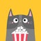 Gray cat popcorn box. Cute cartoon funny character. Kids print for tshirt notebook cover. Cinema theater. Film show. Kitten