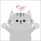 Gray cat ready for a hugging. Pink bird. Open hand paw print. Kitty reaching for a hug. Baby card. Funny Kawaii animal. Cute carto